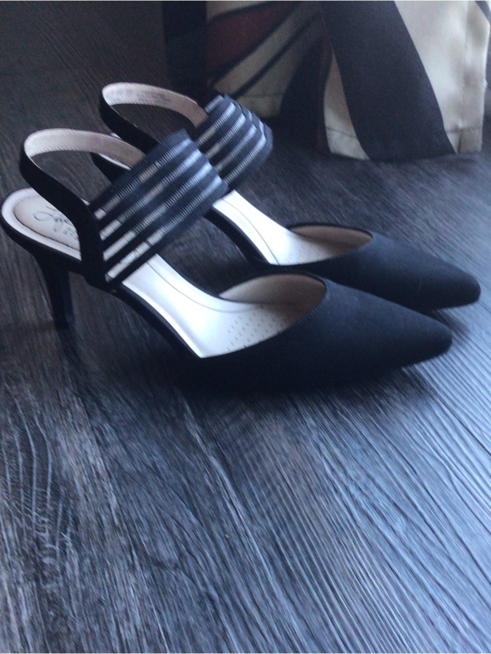 Life Stride Black Pointed-Toe Slingback Heels with Striped Elastic Straps